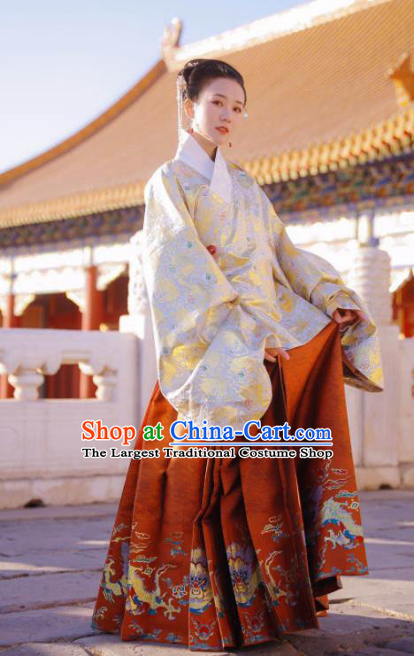Traditional Chinese Ming Dynasty Imperial Consort Historical Costume Ancient Brocade Blouse and Horse Face Skirt Complete Set