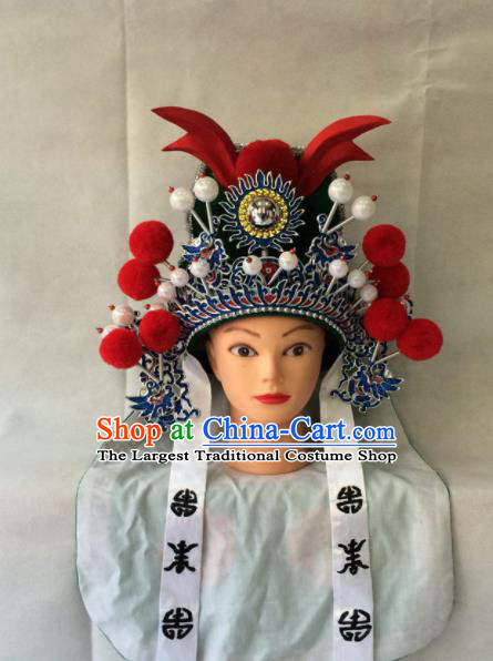 Asian Chinese Traditional Beijing Opera Takefu Headwear Ancient Warrior Green Helmet Hat for Men
