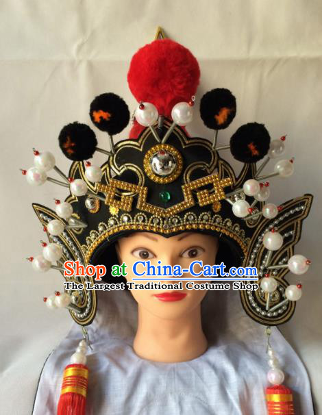 Asian Chinese Traditional Beijing Opera Takefu Headwear Ancient Warrior Black Helmet Hat for Men