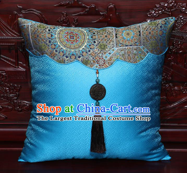 Chinese Classical Pattern Jade Pendant Blue Brocade Square Cushion Cover Traditional Household Ornament