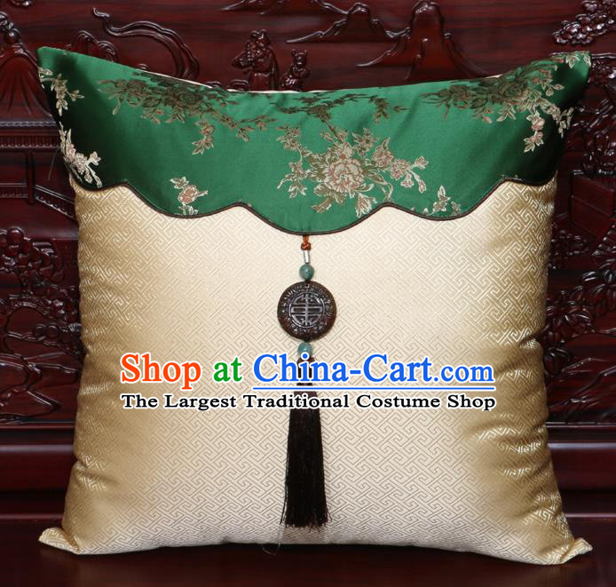 Chinese Classical Peony Pattern Jade Pendant Light Golden Brocade Square Cushion Cover Traditional Household Ornament