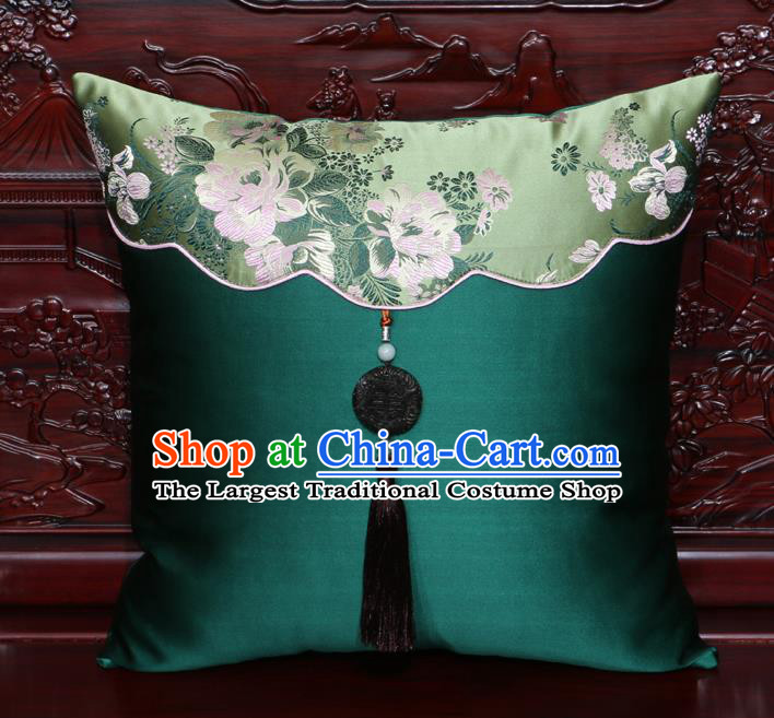 Chinese Classical Peony Pattern Jade Pendant Green Brocade Square Cushion Cover Traditional Household Ornament