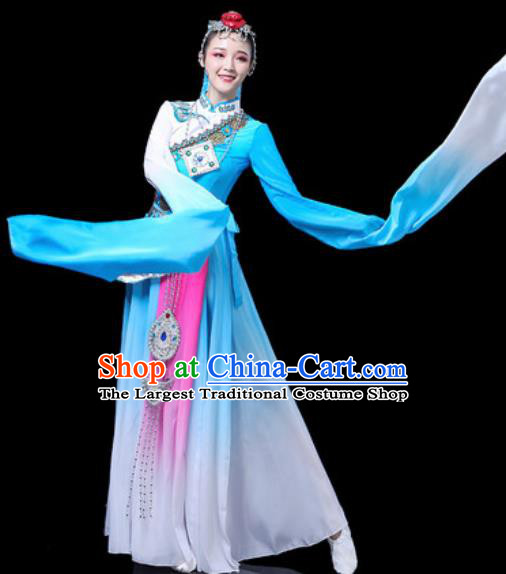 Chinese Traditional Ethnic Dance Costume Zang Nationality Stage Dance Blue Dress for Women