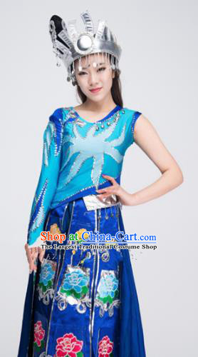 Asian Chinese Traditional Ethnic Costume Miao Nationality Dance Blue Dress for Women