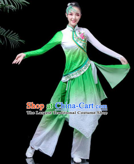 Traditional Chinese Folk Dance Costume Fan Dance Green Clothing for Women