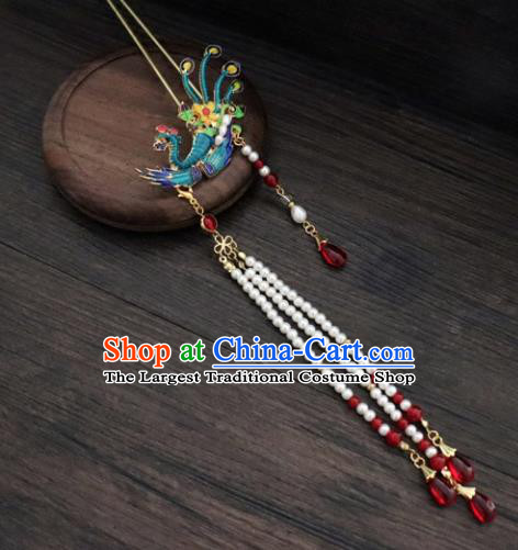 Chinese Ancient Palace Hair Accessories Traditional Classical Blueing Phoenix Tassel Hairpins for Women