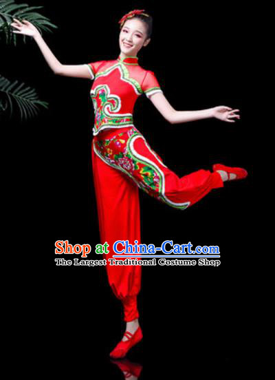 Traditional Chinese Stage Performance Costume Folk Dance Fan Dance Red Clothing for Women