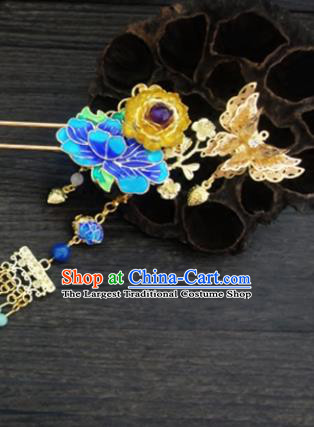 Chinese Ancient Palace Hair Accessories Traditional Classical Blueing Lotus Butterfly Hairpins for Women