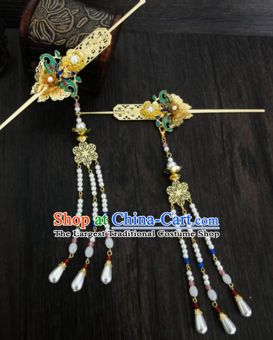 Chinese Ancient Palace Pearls Tassel Step Shake Hair Accessories Traditional Classical Blueing Hairpins for Women