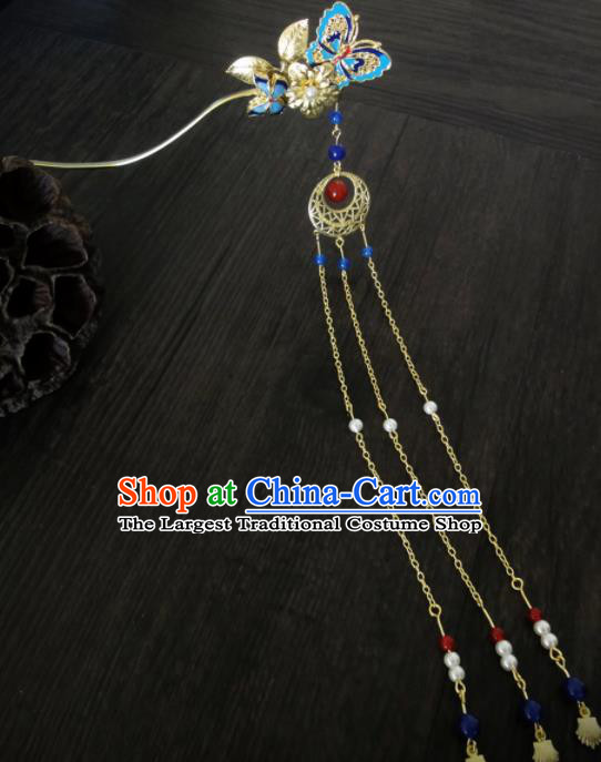 Chinese Ancient Palace Blueing Butterfly Hair Clips Hair Accessories Traditional Classical Tassel Hairpins for Women