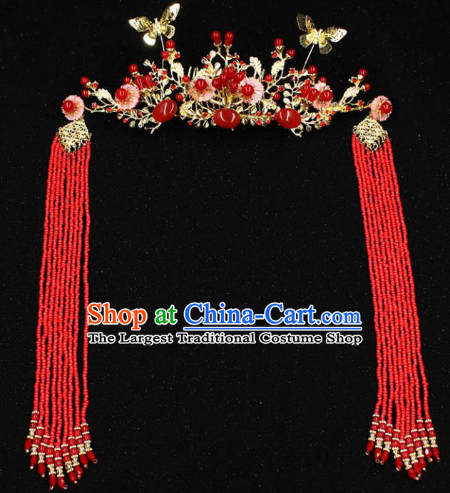 Chinese Ancient Hair Accessories Traditional Wedding Classical Agate Hair Crown Tassel Hairpins for Women