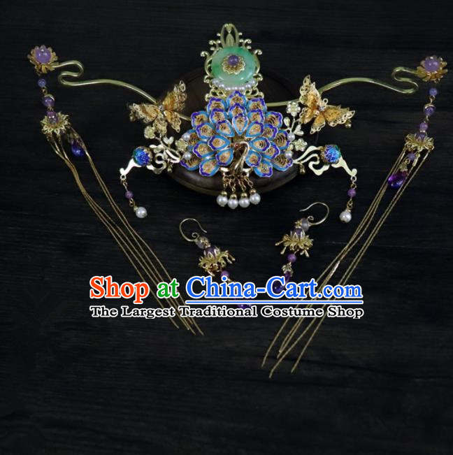 Chinese Ancient Palace Hair Accessories Traditional Classical Blueing Phoenix Coronet Hairpins for Women