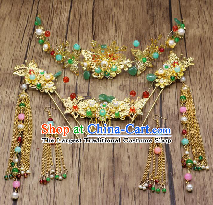 Chinese Ancient Bride Phoenix Coronet Hair Accessories Traditional Classical Tassel Hairpins for Women