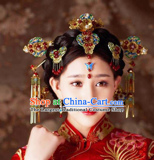 Chinese Ancient Bride Wedding Blueing Hair Accessories Traditional Hair Clip Tassel Hairpins for Women