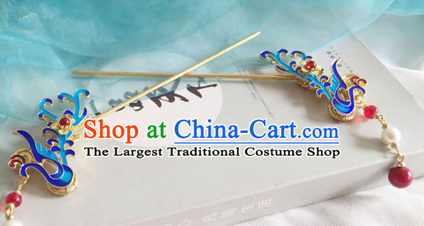 Chinese Ancient Hanfu Hair Accessories Traditional Blueing Phoenix Tassel Hairpins for Women