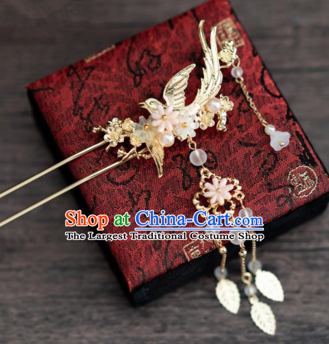 Chinese Ancient Hanfu Wedding Hair Accessories Traditional Golden Bird Tassel Hairpins for Women