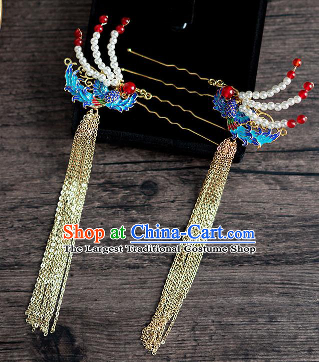 Chinese Ancient Hanfu Hair Accessories Traditional Wedding Blueing Phoenix Tassel Hairpins for Women