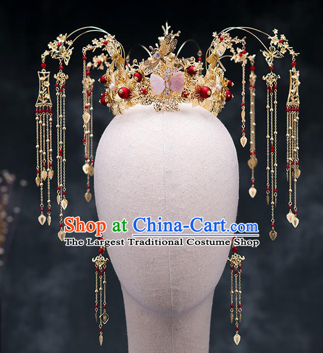Chinese Ancient Wedding Hair Accessories Traditional Bride Hanfu Hairpins Tassel Phoenix Coronet for Women