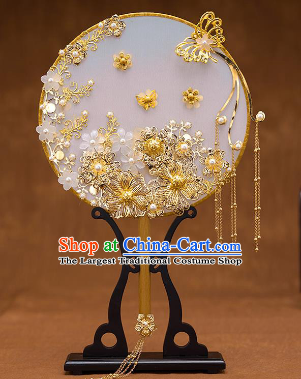Chinese Ancient Bride Accessories Traditional Wedding Classical Golden Flowers Palace Fans for Women