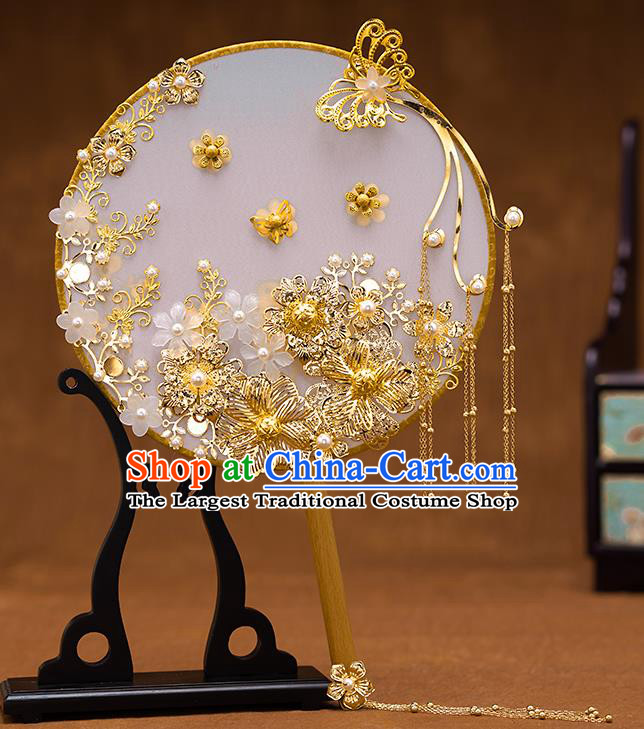 Chinese Ancient Bride Accessories Traditional Wedding Classical Golden Flowers Palace Fans for Women