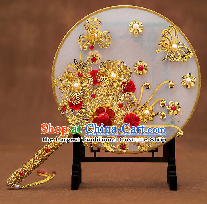 Chinese Ancient Bride Accessories Traditional Wedding Classical Golden Palace Fans for Women