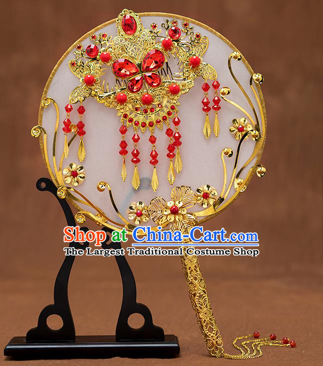 Chinese Ancient Bride Red Crystal Butterfly Round Fans Traditional Wedding Classical Palace Fans for Women