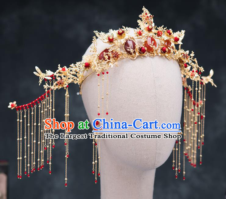 Chinese Ancient Bride Hair Accessories Wedding Agate Phoenix Coronet Traditional Hanfu Hairpins for Women