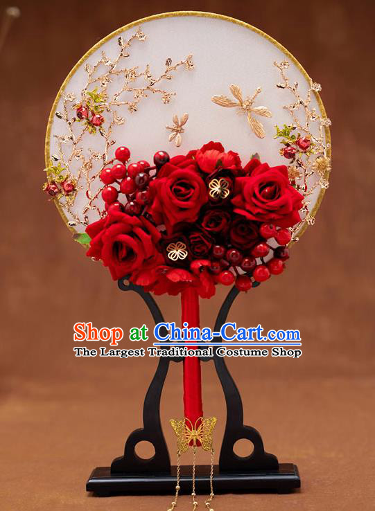 Chinese Ancient Bride Red Roses Round Fans Traditional Wedding Classical Palace Fans for Women