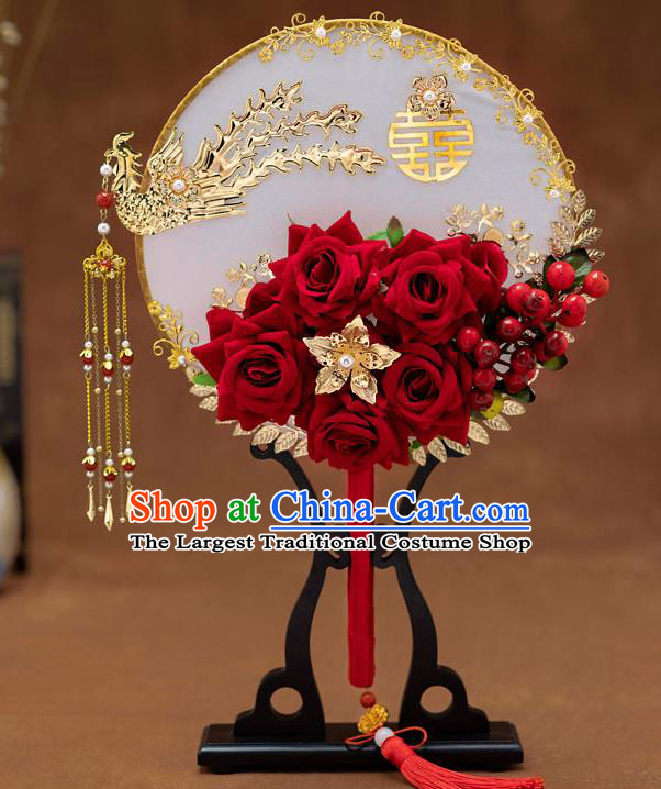 Chinese Ancient Bride Red Roses Round Fans Traditional Wedding Classical Phoenix Palace Fans for Women