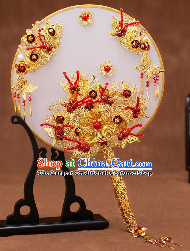 Chinese Traditional Wedding Golden Butterfly Round Fans Classical Ancient Bride Palace Fans for Women
