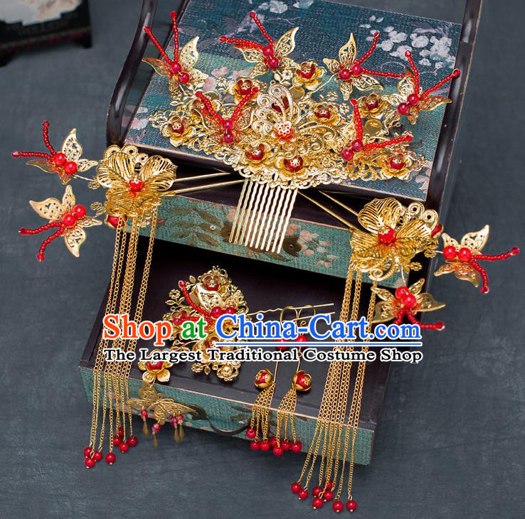 Chinese Ancient Bride Red Beads Phoenix Coronet Traditional Wedding Hair Accessories Hanfu Hairpins for Women