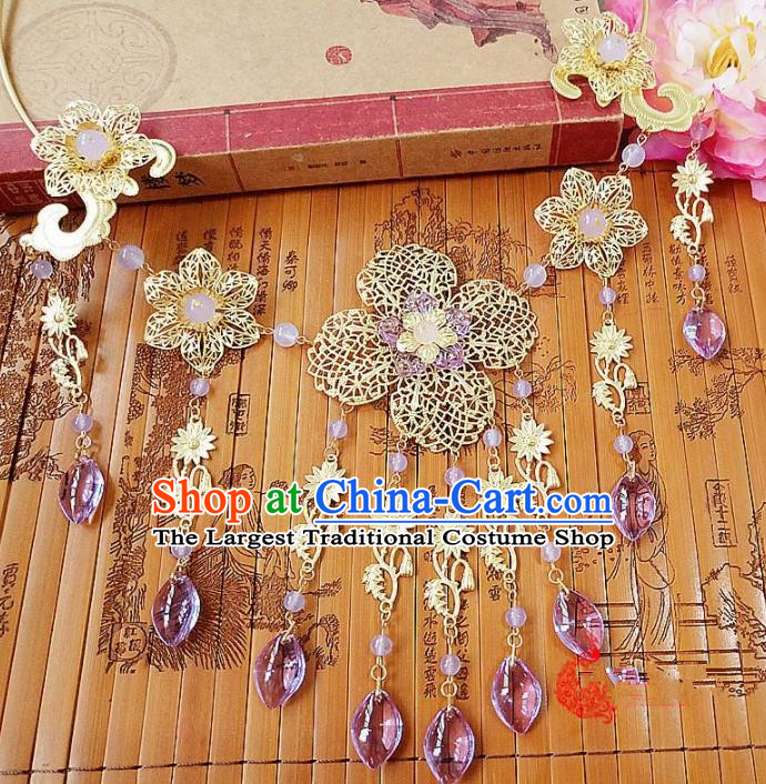 Chinese Ancient Bride Hanfu Accessories Traditional Palace Purple Crystal Tassel Necklace for Women