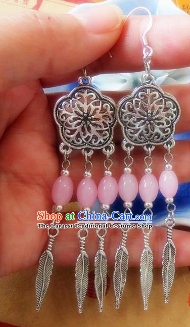 Chinese Ancient Princess Jewelry Accessories Traditional Ethnic Pink Beads Earrings for Women