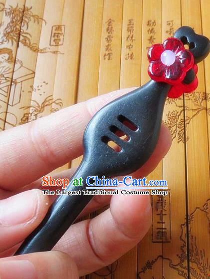 Chinese Ancient Princess Hair Accessories Traditional Hanfu Red Flower Ebony Hairpins for Women