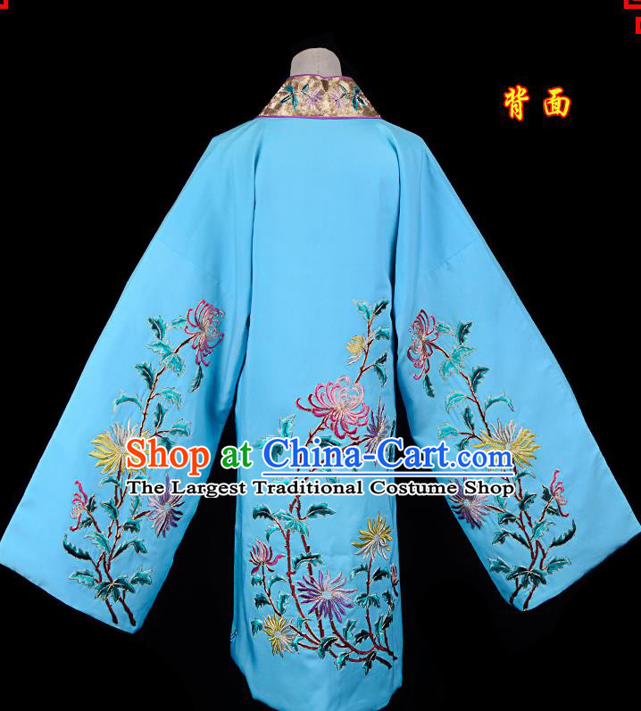 Professional Chinese Traditional Beijing Opera Princess Costume Embroidered Chrysanthemum Blue Dress for Adults