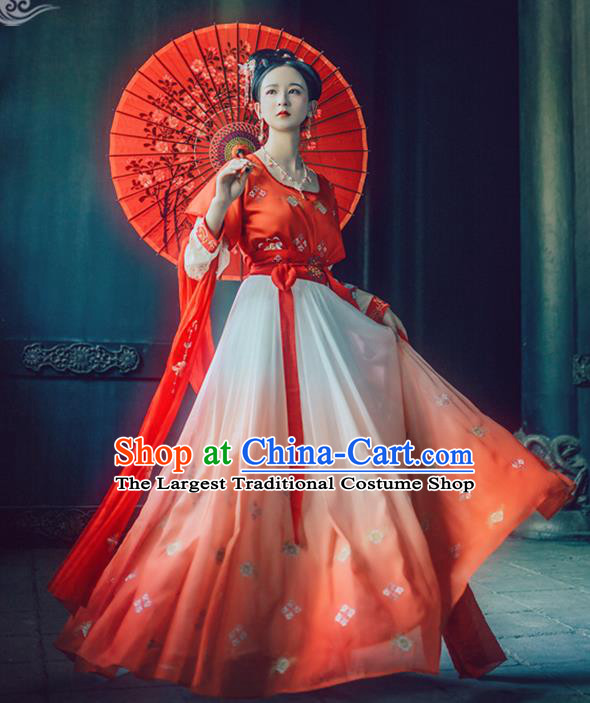 Chinese Traditional Tang Dynasty Princess Replica Costume Ancient Peri Red Embroidered Dress for Women