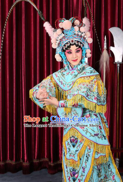 Professional Chinese Traditional Beijing Opera Magic Warriors Light Blue Costume for Adults