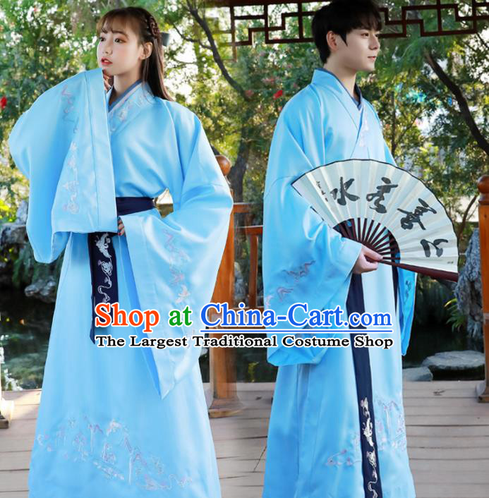 Chinese Ancient Swordsman Blue Hanfu Dress Traditional Han Dynasty Scholar Replica Costume for Women for Men