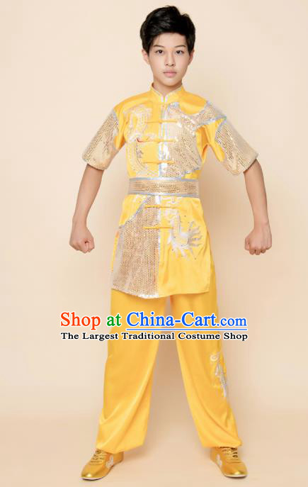 Top Kung Fu Competition Costume Group Martial Arts Gongfu Training Yellow Uniform for Men