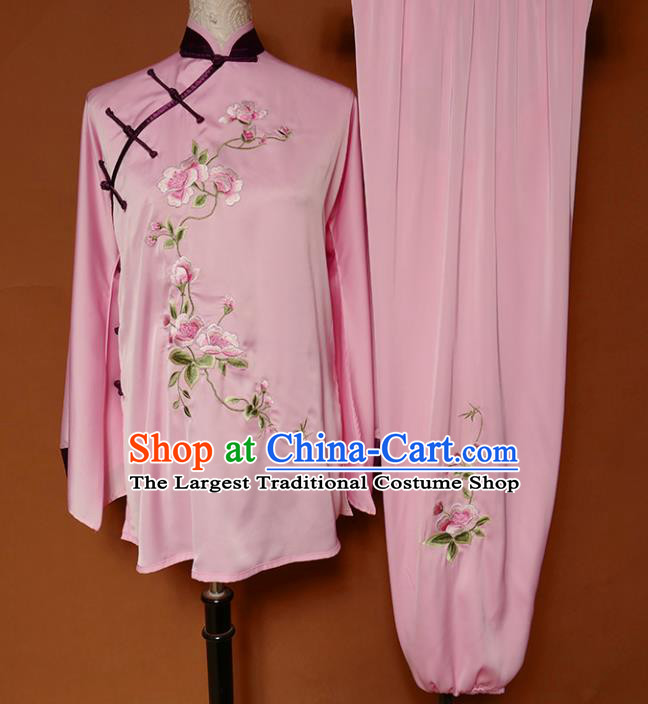 Top Group Kung Fu Costume Martial Arts Training Uniform Tai Ji Embroidered Pink Clothing for Women
