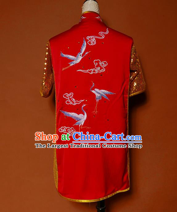 Top Kung Fu Group Competition Costume Martial Arts Training Embroidered Cranes Red Uniform for Men