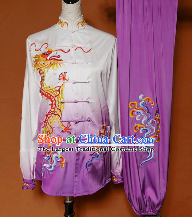 Top Grade Kung Fu Costume Martial Arts Training Tai Ji Embroidered Dragon Purple Uniform for Adults