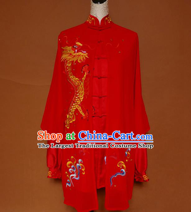 Top Grade Kung Fu Costume Martial Arts Training Tai Ji Embroidered Dragon Red Uniform for Adults