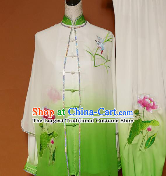 Top Grade Kung Fu Costume Martial Arts Training Tai Ji Embroidered Lotus Green Uniform for Adults