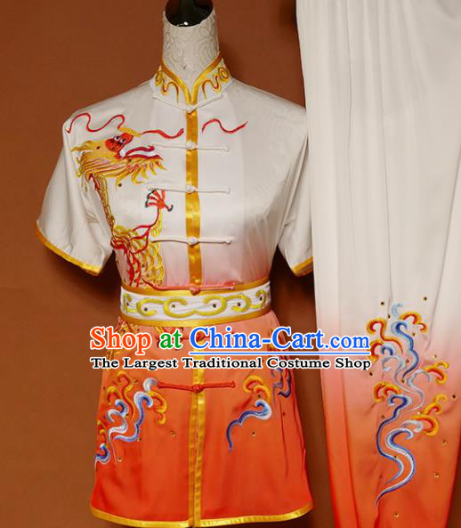 Top Kung Fu Group Competition Costume Martial Arts Wushu Training Embroidered Dragon Orange Uniform for Men