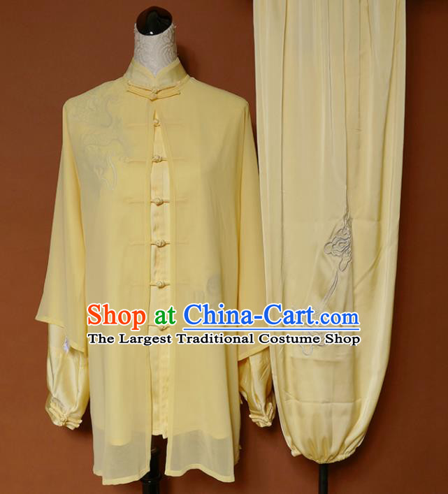 Top Grade Kung Fu Costume Martial Arts Training Tai Ji Embroidered Yellow Uniform for Adults