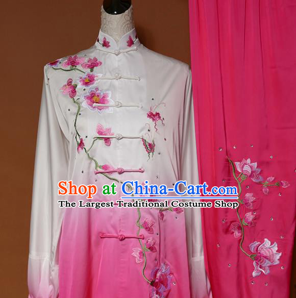 Top Grade Kung Fu Costume Martial Arts Training Tai Ji Embroidered Magnolia Pink Uniform for Adults