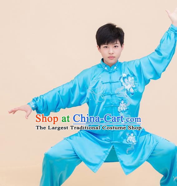 Top Grade Kung Fu Embroidered Blue Costume Martial Arts Training Tai Ji Uniform for Adults