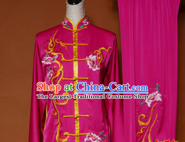 Top Grade Kung Fu Embroidered Rosy Costume Martial Arts Training Tai Ji Uniform for Adults