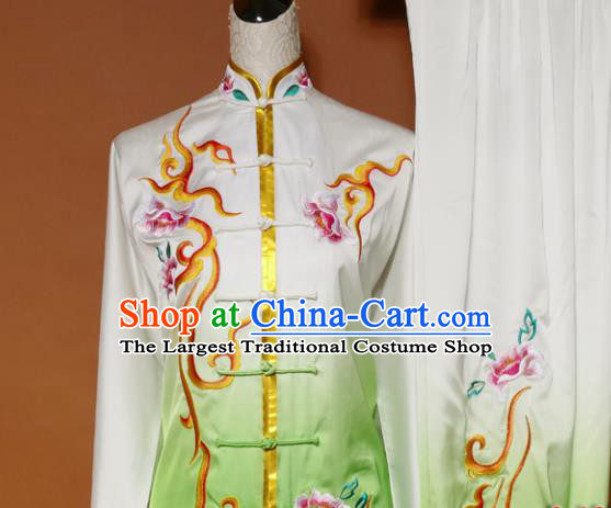 Top Tai Ji Training Embroidered Peony Green Uniform Kung Fu Group Competition Costume for Women